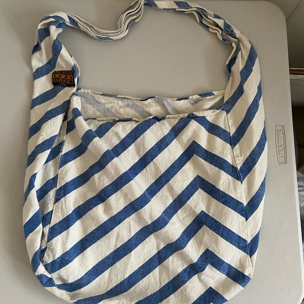 Large blue/white striped canvas tote bag
